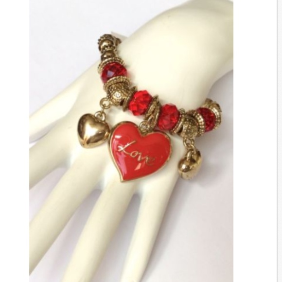 Gold Heart Charm Bracelet Red Enamel LOVE Chunky - Picture 4 of 8